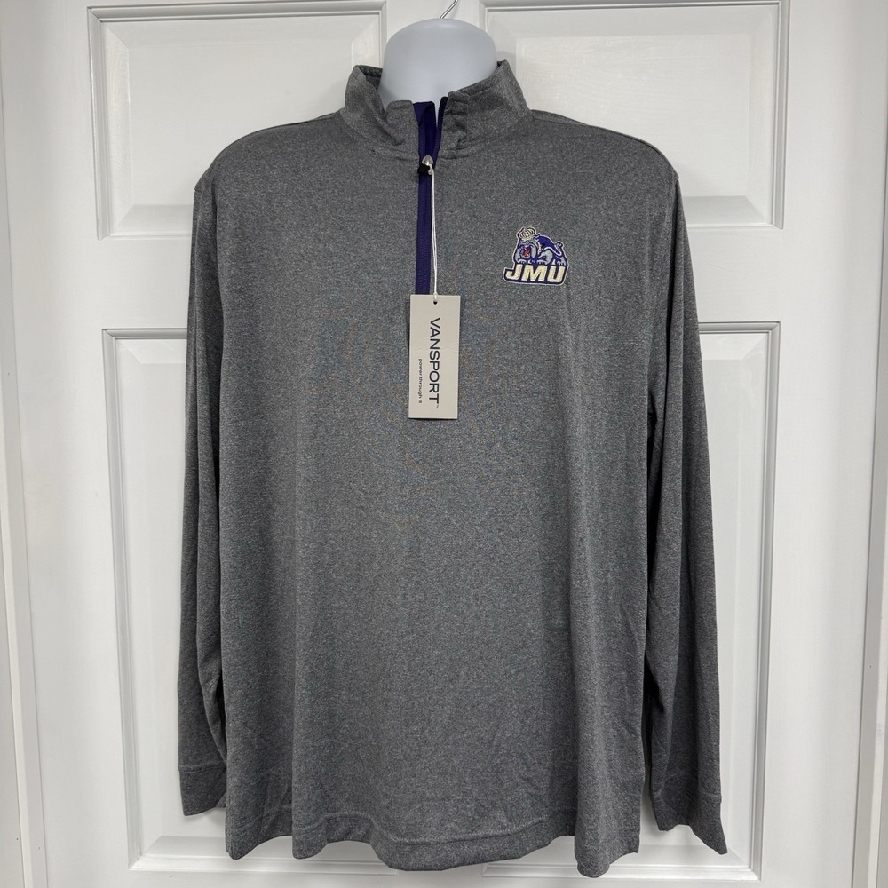 NWT James Madison Dukes 1/4 Zip Tech Pullover Performance Shirt Mens L Gray JMU